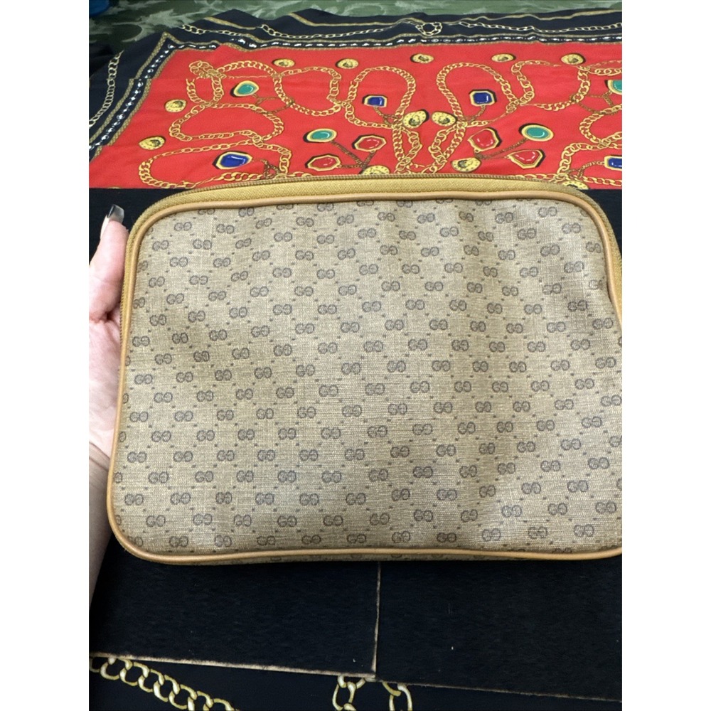 Vintage Gucci Gg Monogram Brown Canvas Travel Toiletry Cosmetic Pouch